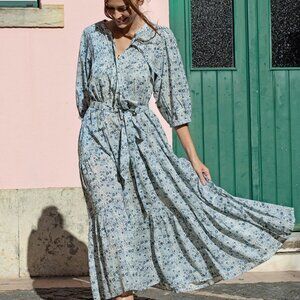 NWT Block Print "Pintuck Indira" Blue Verbena Pink Chicken Dress - S